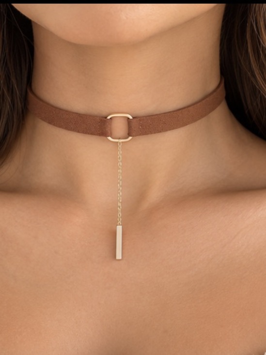 APRILLE Jewelry - Brown Faux Leather Choker Necklace Bar Pendant